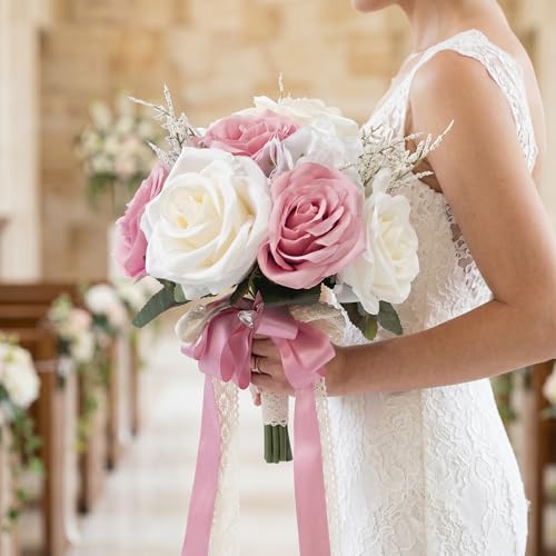 Wedding Bouquets for Bride, Ivory White & Dusty Pink Bridal Bouquet | Realistic Silk Rose for Rustic Boho Church Ceremony, Proposal, Thanksgiving, Wedding Decor - color: Dusty Pink and Ivory White