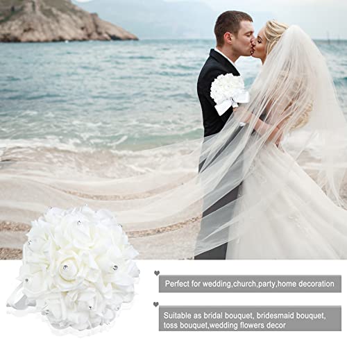 Wedding Bouquet Crystal Roses Bridesmaid Bouquet, Bridal Bouquet Artificial Flowers for Wedding, Party and Church (Ivory Ribbon) - color: Ivory-