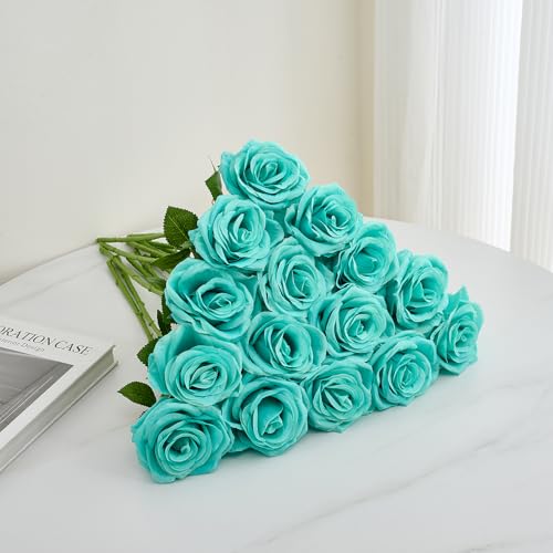 15pcs Fake Roses Artificial Silk Flowers Faux Rose Flower Long Stems Bouquet for Arrangement Wedding Centerpiece Party Home Kitchen Decor - color: 15pcs Tiffany