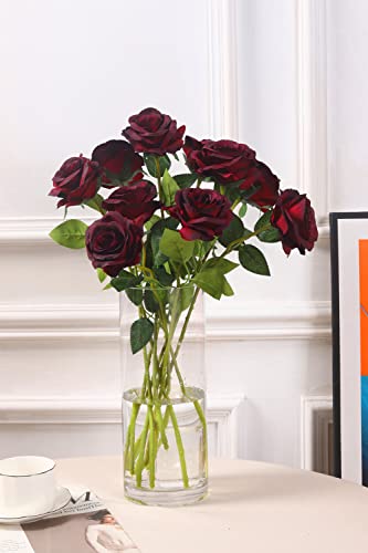 Laelfe 12 PCS Artificial Flowers Roses Silk Flowers Fake Long Stem Artificial Roses for Home Wedding Bathroom Kitchen Decorations (Wine Red) - color: Wine Red