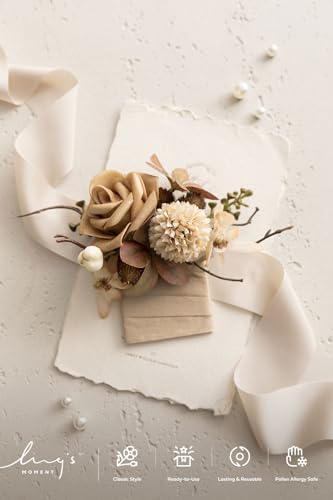Ling's moment Pocket Boutonniere Single, Boutonniere for Men Groom for Wedding, Prom, Homecoming, Anniversary, Graduation, etc.Sand Beige Gold Sparrow - color: Brn-sand Beige & Gold Sparrow, size: 6" W x 5" H