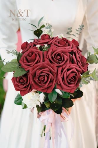 N&T NIETING Artificial Flowers,25Pcs Real Touch Fake Flowers Foam Roses with Stems Perfect DIY Wedding Bouquets Centerpieces Bridal Shower Party Home Flower Arrangement Tables Decorations,Dark Red - color: Dark Red, size: 25pcs