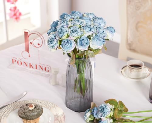 PONKING Rose Artificial Flower 28pcs Realistic Faux Silk Roses Fake Flowers Bouquets Arrangements Decor for Wedding Spring Mother's Day, Home Table Decorations, Blue Flower - color: A 28pcs Blue Rose