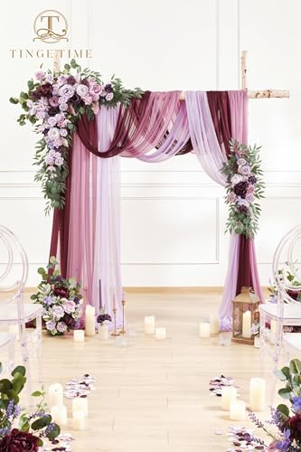 TINGE TIME Wedding Arch Flowers Kit - Deluxe 5pcs Artificial Floral Swag with 3 Sheer Drapes, Realistic Silk Flower Arrangements for Wedding Ceremony Arbor Backdrop Reception Party Home Decor - color: Lavender & Plum