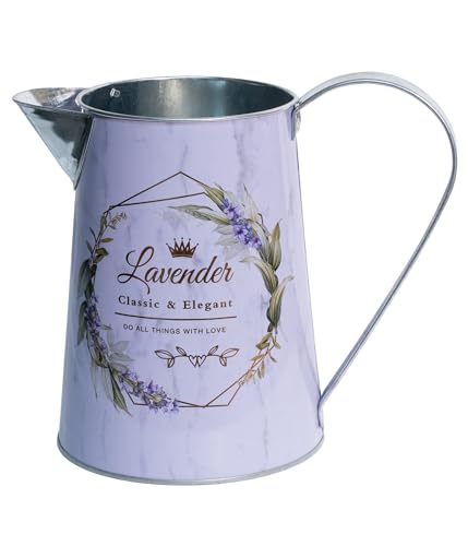 Yoillione White Metal Flower Vase with Lavender Floral Pattern, French Country Jug Pitcher Vase with Handle for Farmhouse Home Decor, Gifts for Women Girls - color: Lavender, size: Small