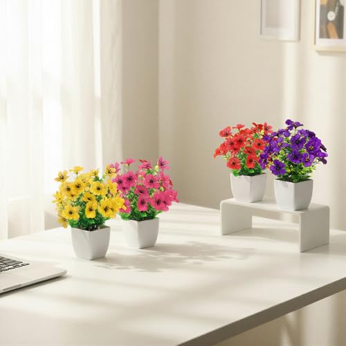 CEWOR Fake Plants 4 Packs Small Faux Potted Flower Daisy with Eucalyptus Leaves Decorations for Desk Bathroom Office Home Room Table Decor Indoor Outdoor - color: Daisy Red Rose Yellow Purple