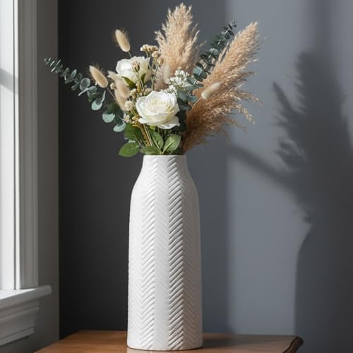hjn Large White Vase for Flowers Ceramic Vase for Home Decor Tall Vases for Your Floor/Kitchen/Office/Living Room/Table- White Texture(Large) - size: 7D'' x 18"H