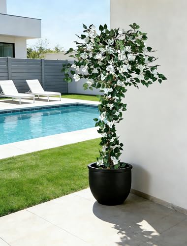 BLOSMON Bougainvillea Artificial Flower Tree: 5ft White Fake Flower Plant for Front Porch Decor - Faux Silk Floral Trees with Pot for Outdoor Garden Patio Indoor Home Office Floor Decoration - color: White Bougainvillea