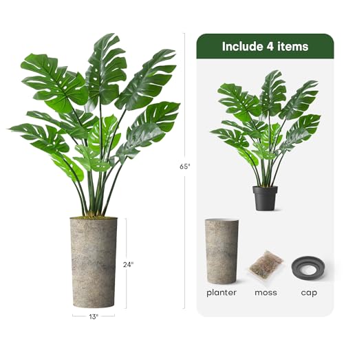 Artificial Tree in Off-White Texture Planter, Fake Monstera Silk Tree for Indoor and Outdoor Home Decoration - 65" Overall Tall (Plant Pot Plus Tree) - style: Monstera Plant