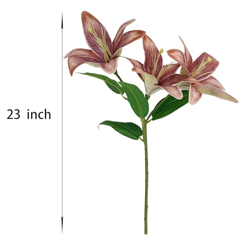Brown Lilies Artificial Flowers,6 Pcs Faux Lily Flowers,23 Inch Long Stem Tiger Lily Branch with 3 Full Blooms and 4 Leaves, Latex Real Touch Lilium Flower for Wedding Bouquet - color: Brown