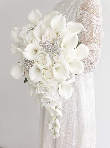 Ansuma White Calla Lily and Rose Cascading Bride Bouquet Waterfall Wedding Flower - Lily Rhinestone Jewelry Brooches and Satin Ribbon Décor (White) - color: White