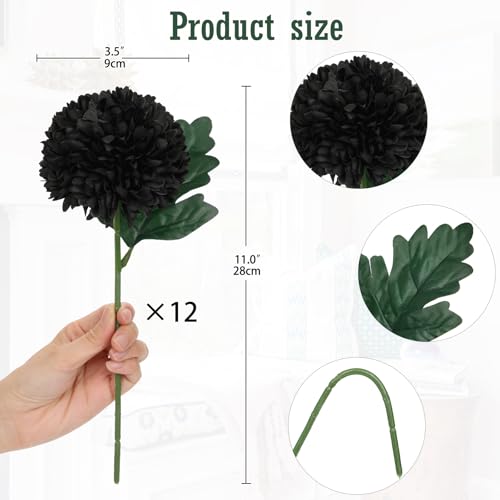 Briful 12 Pcs Artificial Black Chrysanthemum Stems – 11” Tall Silk Mums Flower Heads with Green Leaves, Flexible Stems for Fall Floral Pick Arrangements, Home, Wedding & Seasonal Decorations - color: 3.5'' Dia. 12pcs Black