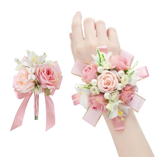 Blush Pink Rose Corsage and Boutonniere Set, Prom Flower Wrist Corsage Wristlet Band Bracelet, Boutonniere for Men Wedding Flowers Accessories Prom Suit Decorations - color: Blush Pink