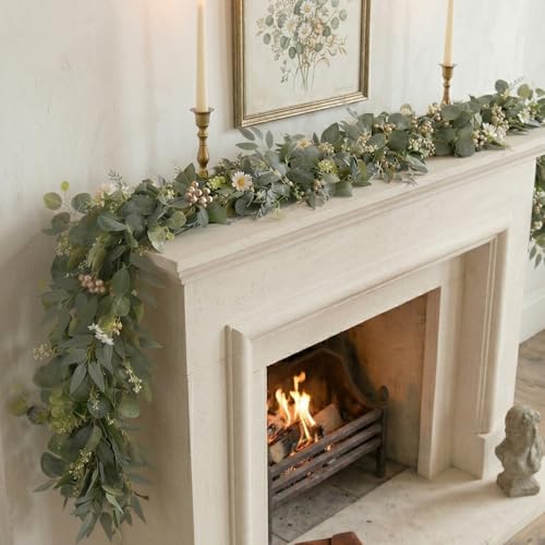 6 Ft 2 Packs Artificial Greenery Eucalyptus Garlands Faux Silver Dollar Eucalyptus Leaves Vines Spring/Summer Garland for Outdoor Wedding Arch Indoor Table Runner Fireplace Mantle Decoration