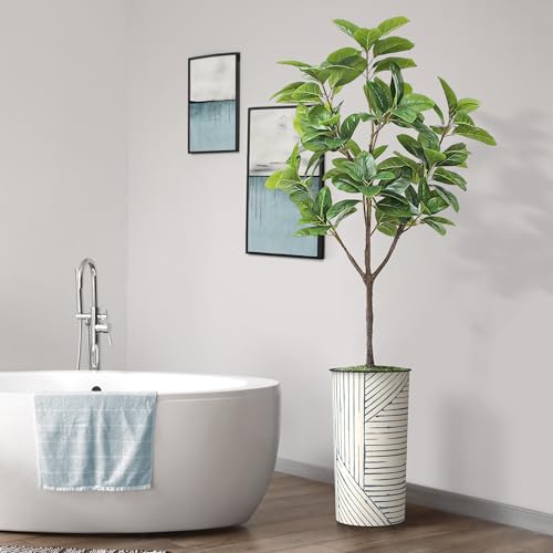Artificial Tree in Geometric Pattern Planter, Fake Magnolia Tree for Indoor and Outdoor Home Decoration - 70" Overall Tall (Plant Pot Plus Tree) - style: Magnolia Tree