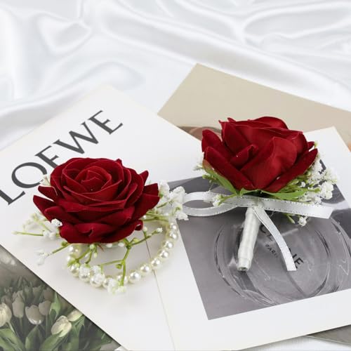 Red Wrist Corsage and Boutonniere Set Rose Silk Corsage for Prom Wedding Brides Pocket Boutonniere for Men Prom Party Decor 2PC - color: Red Corsage - Single Chain