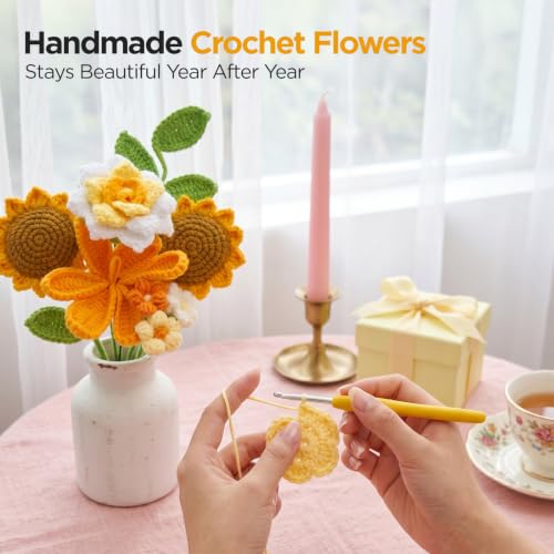 Crochet Flower Bouquet, Yellow Handmade Knitted Sunflowers | With Card, Gift for Graduation Lover Girlfriend Friends, Valentines Day Anniversary Birthday Mother's Day Wedding - color: Sunflower