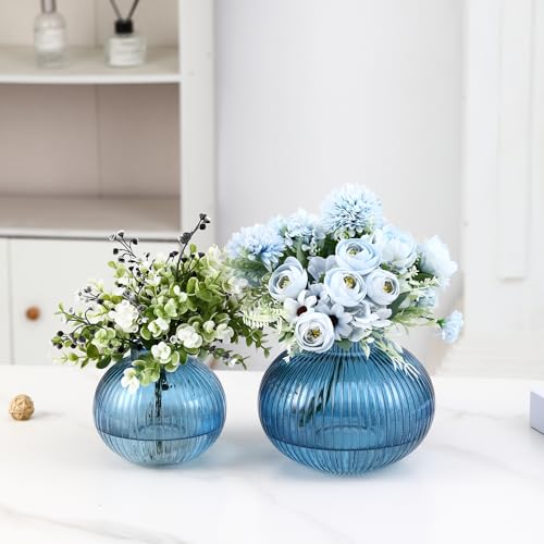 Blue Glass Vases for Tulips, Set of 2, Flower Vases for Bouquet, Ribbed Glass Vase for Flowers, Short Vase for Living Room, Office, Coffee Table, Shelf, Wedding - color: Blue, size: Round+Medium
