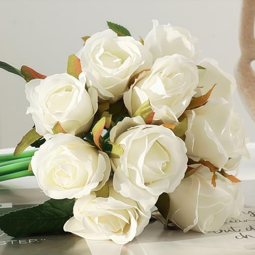 Jasion Artificial Roses Silk Fake Flowers 12 Heads DIY Arrangement Bouquet for Home Office Table Centerpieces Bridal Wedding Easter Decoration Without Vase (Spring White) - color: Spring White