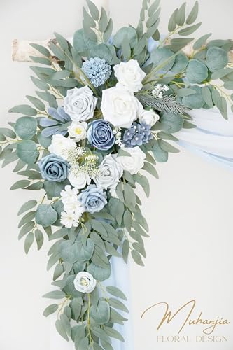 Muhanjia Artificial Arch Flowers Kit(Pack of 4),2Pcs Artificial Flower Arch Decor, 2Pcs Drapes, Ceremony and Reception Background Rose Decoration, Grayish Blue Floral Outdoor Party Decor - color: Grayish Blue