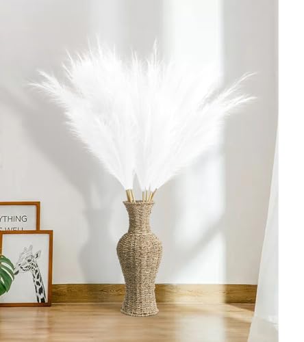 9 Pcs 45" Tall Pampas Grass White Decor, Long Stem Artificial Flower Floor Vase Large Faux Floral Pompas Fake Plants Dried Bouquet Arrangement Vase Filler for Boho Home Wedding Decoration - color: 9 Pcs 45" White Style