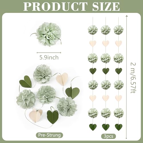 Sage Green Party Decoration Tissue Flowers Pom Pom with 3D Heart Hanging Paper Garland Banner Streamer for Birthday Baby Shower Wedding Valentines Day Woodland Neutral Themed Party Home Decor Supplies - color: Sage Green Beige Heart