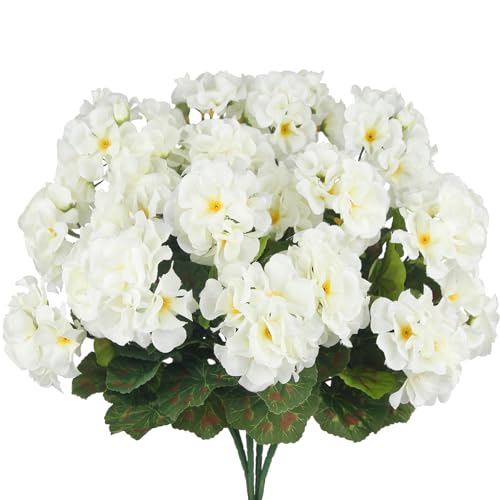 4 Pcs Artificial Geraniums Flowers for Outdoors Silk Geranium Outside UV Resistant White Fake Plants Faux Flowers for Outdoor Planters Pot Garden Patio Porch Window Courtyard Indoor Home Decor - color: White