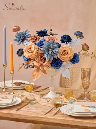 Serwalin Fall Flowers Artificial, Terracotta Orange Rose Silk Flowers with Stems, Navy Blue Dahlia Fake Flowers for Wedding Bridal Baby Shower Party DIY Craft Home Cake Decoration - color: Blue & Orange Terracotta, size: Square