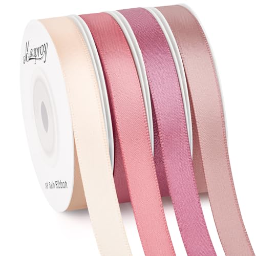 Mauproy 3/8 Inch Dusty Rose Satin Ribbon, 4 Rolls Total 40 Yards, Double Faced Mixed Rose Thin Fabric Ribbon for Gift Wrapping, Flower Bouquets, Wedding, Graduation Decorations - color: Dusty Rose