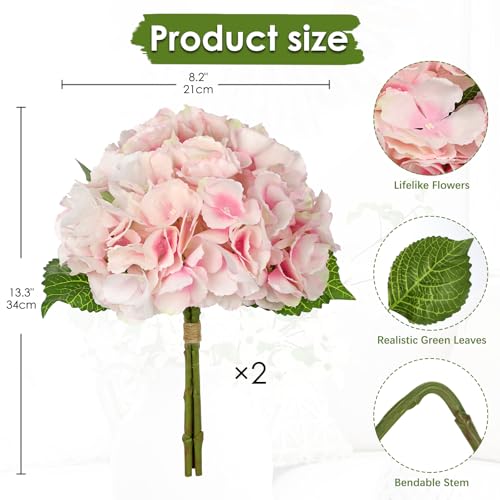 Hollyone Light Pink Hydrangea Artificial Flowers 6pcs Large Real Touch Faux Hydrangeas Silk Flowers Bouquets Fake Flower with Stems for Home Decor Indoor Wedding Kitchen Centerpiece Table Decorations - color: Pink & White