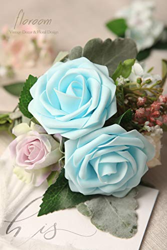 Floroom Artificial Flowers 25pcs Real Looking Aqua Blue Foam Fake Roses with Stems for DIY Wedding Bouquets Baby Shower Centerpieces Floral Arrangements Party Tables Home Decorations - color: Aqua Blue, size: 25Pcs