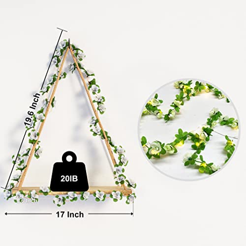 Artificial White Flower Garland with LED-Strip Wall Hanging Shelves Set of 2, Boho Shelves for Wall Décor, Macrame Wall Shelf for Bedroom Bathroom Living Room Kitchen (No Battery Included) - color: Flowera*2