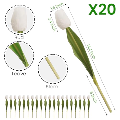Artificial Tulips - 20 Stems Real Touch Realistic Fake Tulip Flowers, Premium Silk Feel, UV-Resistant, Anti-Fade, Waterproof Lifelike Faux Tulips for Home Decor, Wedding, Party, DIY (White) - color: White