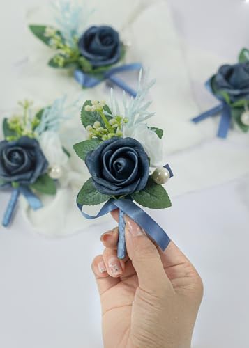 Set of 2 Navy Blue Rose Boutonniere for MenWedding, Groom Groomsman Artificial Flowers for Wedding Anniversary Celebration,Prom,Party,Home Decoratio (Navy Blue) - color: Navy Blue
