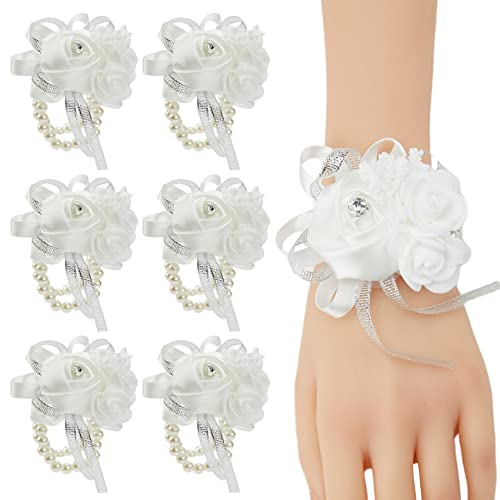 6pcs White Wedding Wrist Corsages Artificial Silk Rose for Women | for Wedding, Prom, Homecoming, and Evening Party, Wrist Corsages with Pearls for Brides, Bridesmaids, Mother of the Bride - color: 6pcs White Wrist Corsages