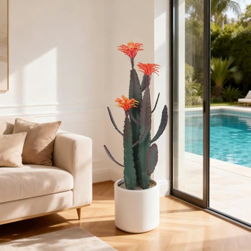 Artificial Cactus Plant, Tall UV Resistant Faux Cactus Plant, Realistic Texture Tall Fake Plant, Faux Desert Cacti Potted Plant with Planter for Indoor Outdoor Decoration - color: Red + Green