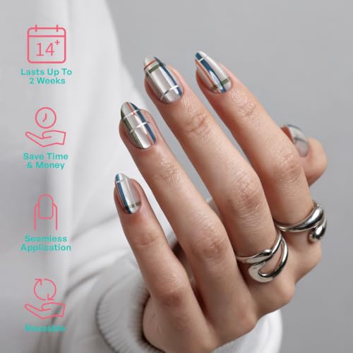 32Pcs Soft Gel Press on Nails for Women, Silver Plaid, Short Almond | Magnetic Glass Cat Eye False Fake Nails Press Ons for Office Daily Wear, Salon Quality Reusable Glue & Stick on Nail Gift Kit - color: 1C-Silver Plaid