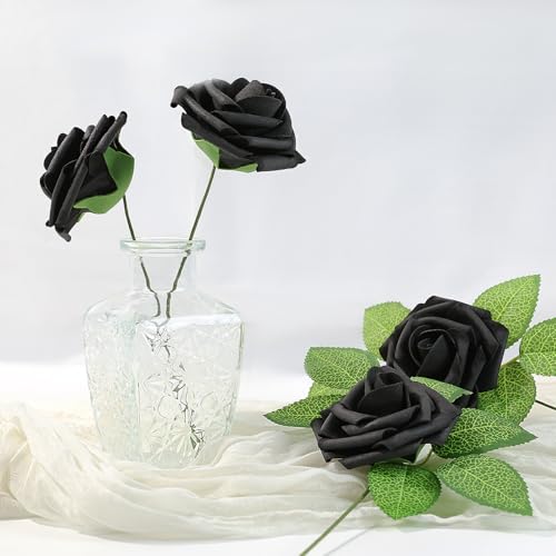 Artificial Flowers 25 Pack Black Faux Foam Roses with Stems, Real Looking Fake Rose for DIY Wedding Bouquets, Bridal Shower Centerpieces, Party Table Decorations, Home Decor - color: Black, size: 25Pcs