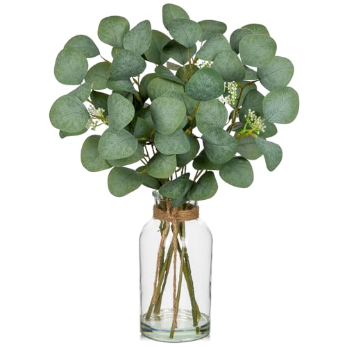 Fake Real-Touch Eucalyptus in Glass Vase with Faux Water – Realistic Faux Greenery Decor, 15.7" Tall, Artificial Eucalyptus Arrangement for Home, Farmhouse, Kitchen, Bathroom, Office - color: Forest Green