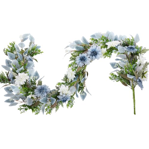 Giegxin 1 Pack 6 ft Artificial Flower Garland with Dahlias and Eucalyptus Blue White Flower Fake Wisteria Vines Summer Greenery Garland for Wedding Mantle Porch Stair Table Indoor Decor - style: Dahlias
