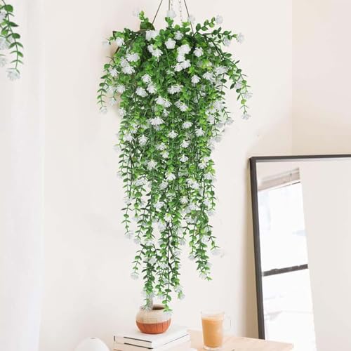 76cm Artificial Eucalyptus Flower Rattan Green Fake Plant Lvy DIY for Indoor Outdoor Wall House Weddings Patios Porches Decor (White) - color: White