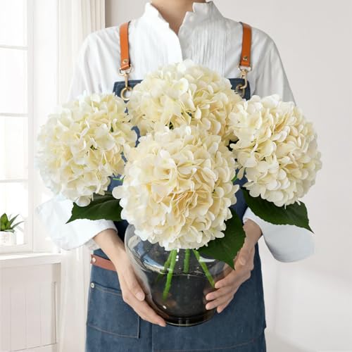JINWOE Boho Silk Hydrangea Artificial Flowers, 4Pcs 22" Large Lifelike Flowers,Artificial Hydrangeas for Indoor Bouquet Table Centerpieces Home（Cream/Yellow） - color: Cream