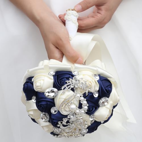 Wedding Bouquets Crystal Satin Rose Bride Bridal Bouquet Romantic Bridesmaid Holding Flower for Valentine's Day Confession Party Church Decor (Navy Creamy) - color: Navy Creamy