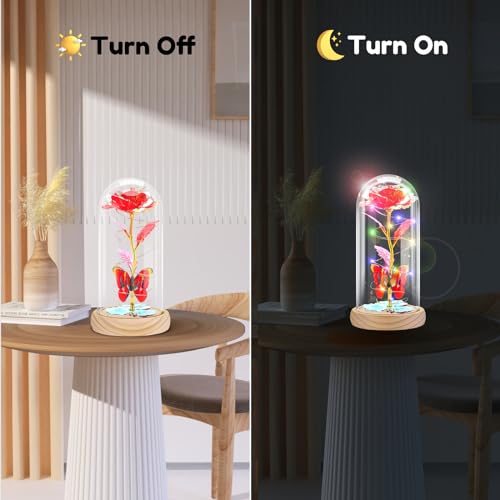 Otlonpe Preserved Artificial Rose Flower Lamp, Forever Women Gifts for Birthday Christmas Valentines Mothers Day, 7.7'' Glass Rose Wood Base Butterfly, Gifts for Mom Grandma Daughter Wife Girlfriend - color: Wood Red