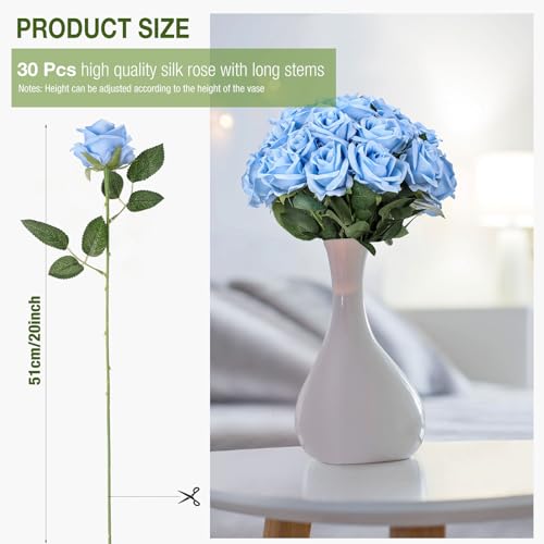 Thiccywoov 30 Pcs Rose Artificial Flowers in Bulk Lifelike Long Stem Silk Roses Bouquets Realistic Faux Flowers for Wedding Bridal Shower Home Decor Floral Arrangements Table Centerpiece(Light Blue) - color: Light Blue