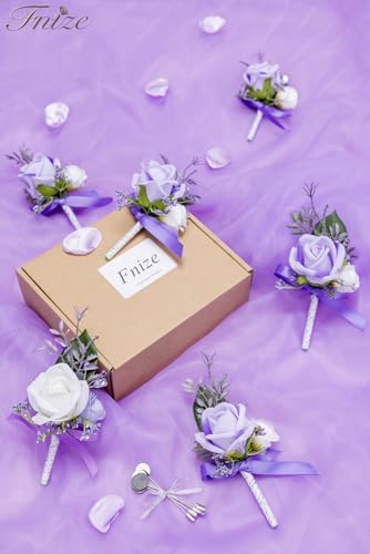 Fnize Purple Boutonniere for Men, 6 Pcs Groom Groomsmen Boutonnieres, Artificial Flowers for Wedding Prom Homecoming - color: Purple