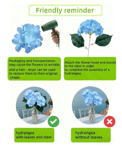 50 Pack Artificial Light Blue Hydrangea Flowers with Leaves, 6 Inch Silk Flower Heads, DIY Mother's Day Wedding Decor Set with 100 Leaves, 50 Stems - color: Light Blue