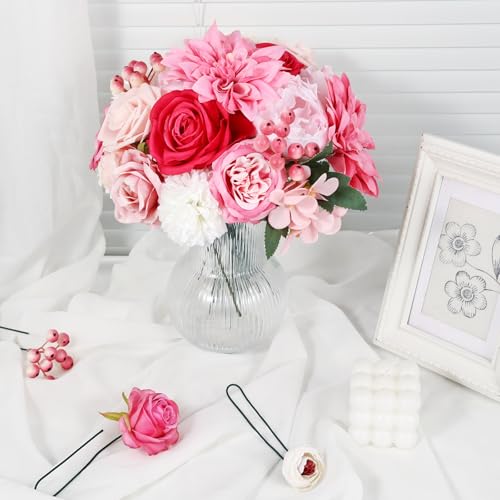 Artificial Flower Box Set – Faux Floral Bouquet for Party&Table Centerpieces, Realistic Pink Flowers Artificial for Home & Wedding Decoration,Bulk Fake Flowers with Stems - color: Hot Pink