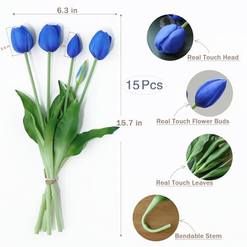 mizii 15Pcs Blue Tulips Artificial Flowers Latex Plastic Real Touch Fake Tulips Flowers Look Real Faux Tulip Flower Bouquet Decoration for Vase Room Table Centerpieces Home Decor (Royal Blue) - color: Royal Blue