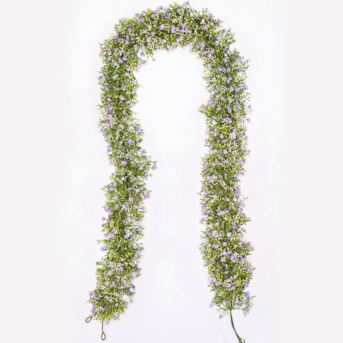 Artificial Baby Breath Flower Vines, Babys Breath Artificial Flowers Real Touch Faux Gypsophila Hanging Fake Baby's Breath Garlands for Wedding and Baby Shower Decor 2Pcs 5.8ft（Purple） - color: Purple